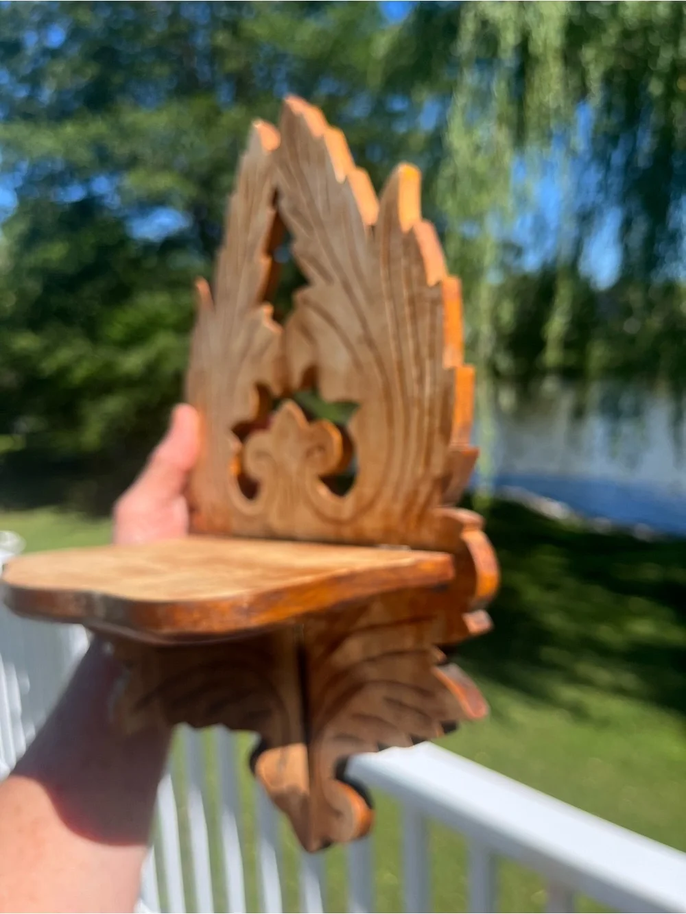 Hand-Carved Wooden Wall Shelf - distressed naturel wood